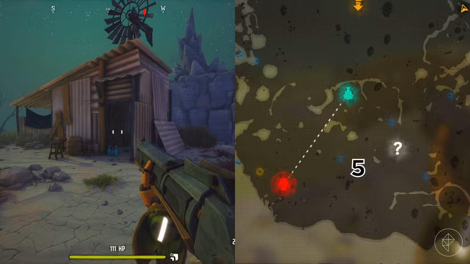 O lado direito da imagem mostra a localização do túmulo numerado no mapa da Área 41 em Far Far West, enquanto o lado esquerdo mostra o jogador parado em frente ao túmulo no jogo.