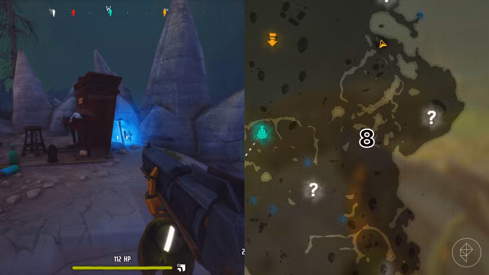 O lado direito da imagem mostra a localização do túmulo numerado no mapa da Área 41 em Far Far West, enquanto o lado esquerdo mostra o jogador parado em frente ao túmulo no jogo.