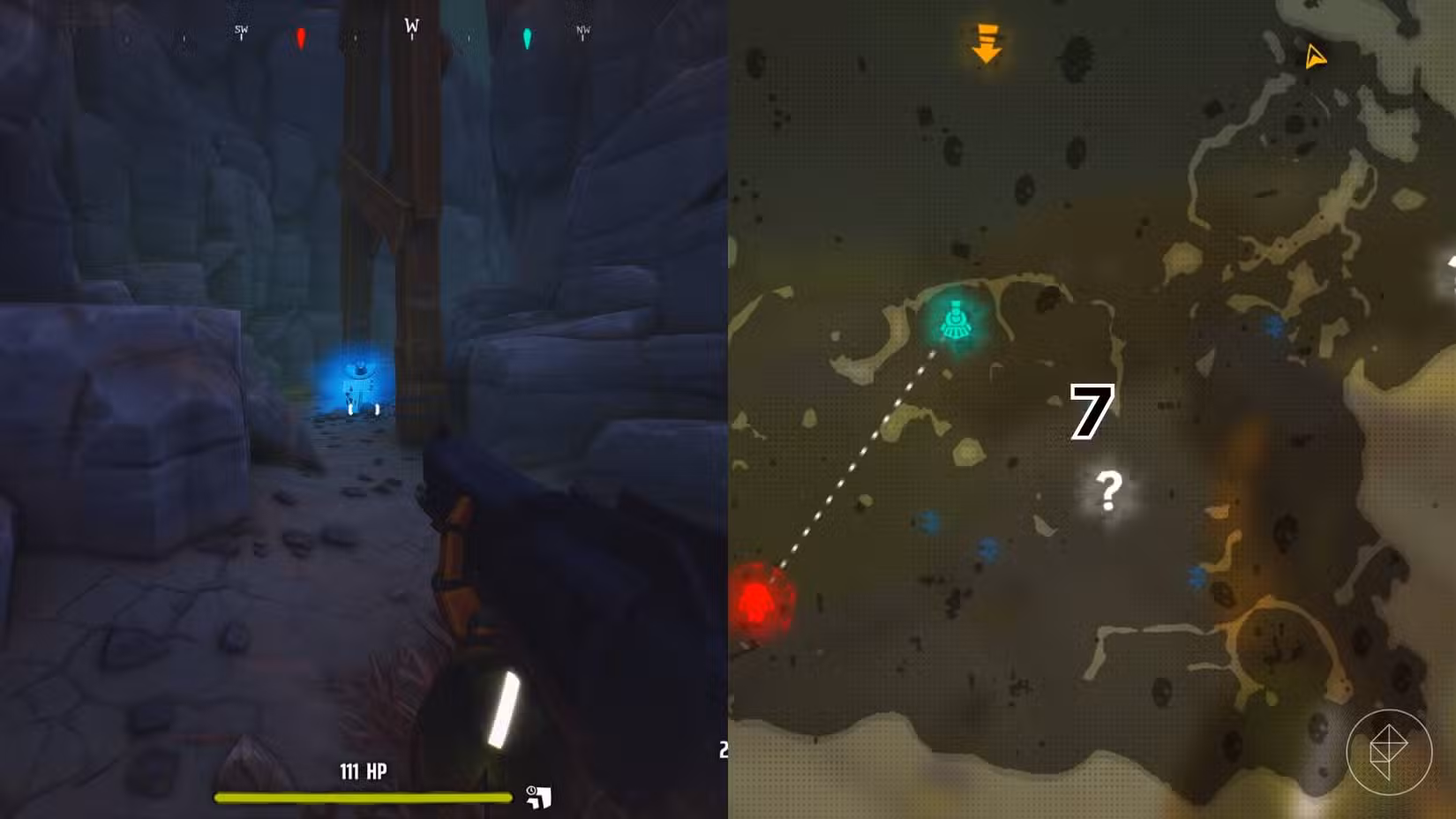 O lado direito da imagem mostra a localização do túmulo numerado no mapa da Área 41 em Far Far West, enquanto o lado esquerdo mostra o jogador parado em frente ao túmulo no jogo.