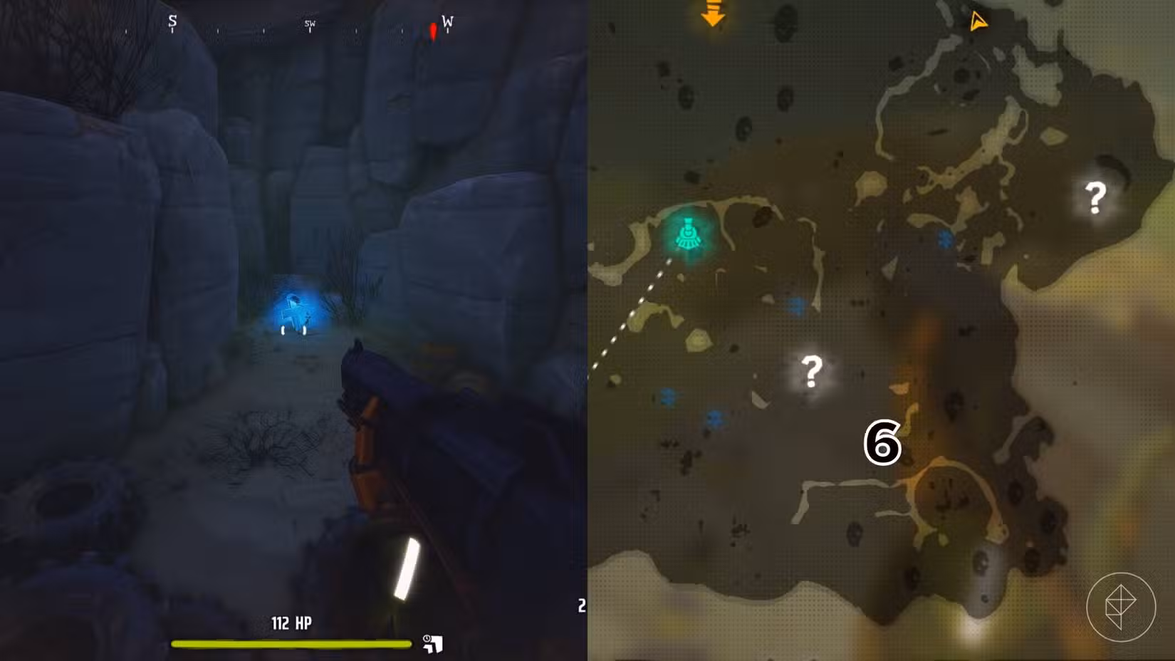 O lado direito da imagem mostra a localização do túmulo numerado no mapa da Área 41 em Far Far West, enquanto o lado esquerdo mostra o jogador parado em frente ao túmulo no jogo.