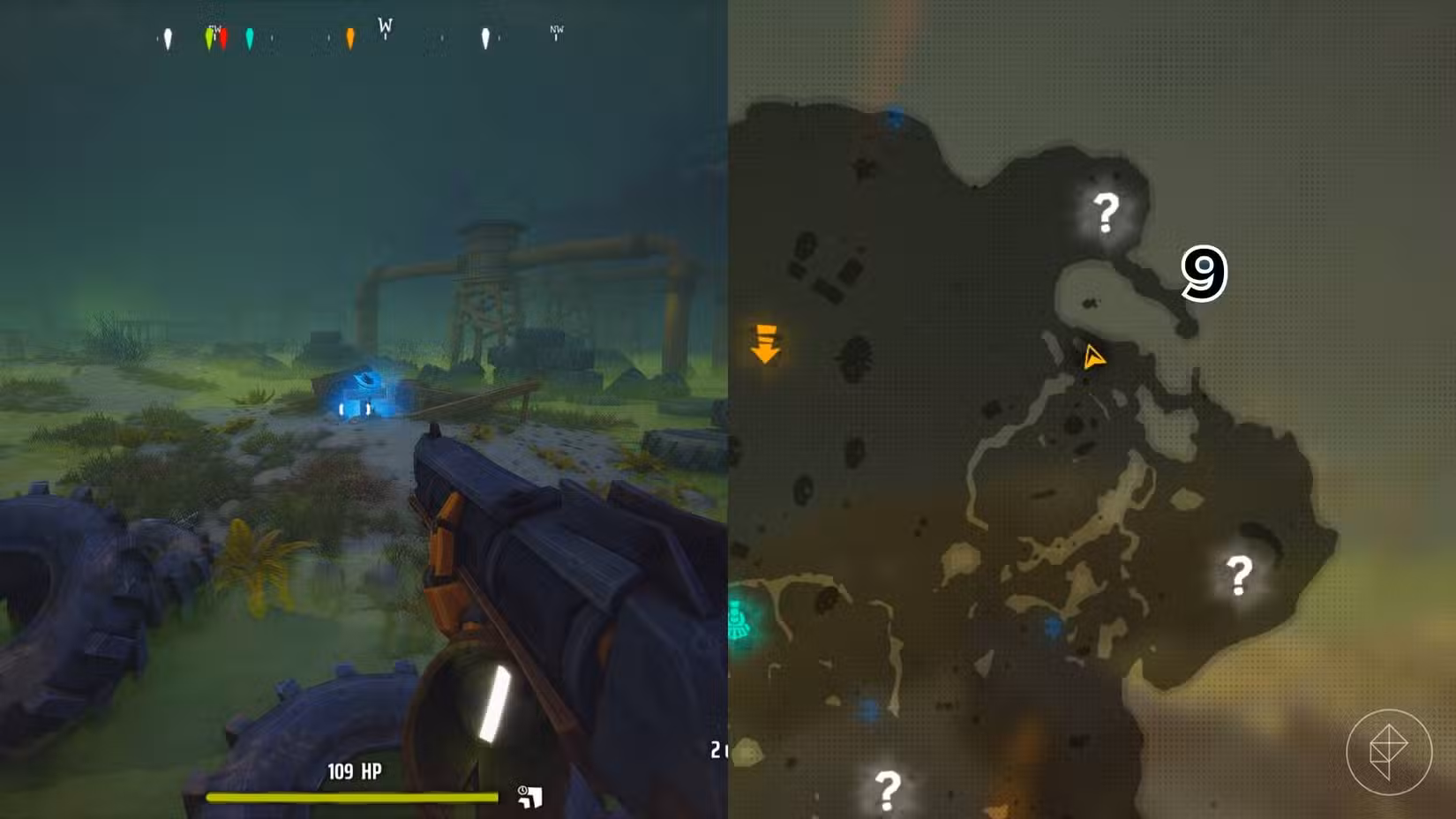 O lado direito da imagem mostra a localização do túmulo numerado no mapa da Área 41 em Far Far West, enquanto o lado esquerdo mostra o jogador parado em frente ao túmulo no jogo.