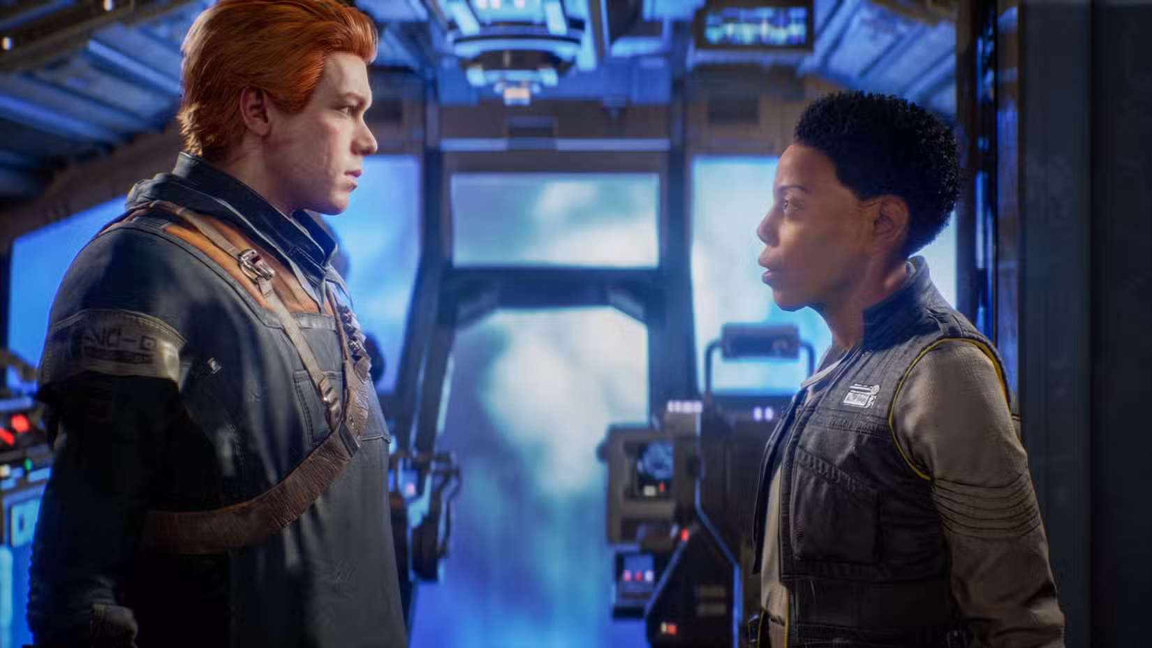 Cal Kestis fala com Cere Junda na ponte do Stinger Mantis em Star Wars Jedi: Fallen Order.