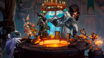 Os heróis principais de Sunderfolk, um corvo, um morcego, uma criatura parecida com um cervo, um urso polar, uma doninha e uma salamandra, estavam sentados ao redor de uma lareira.