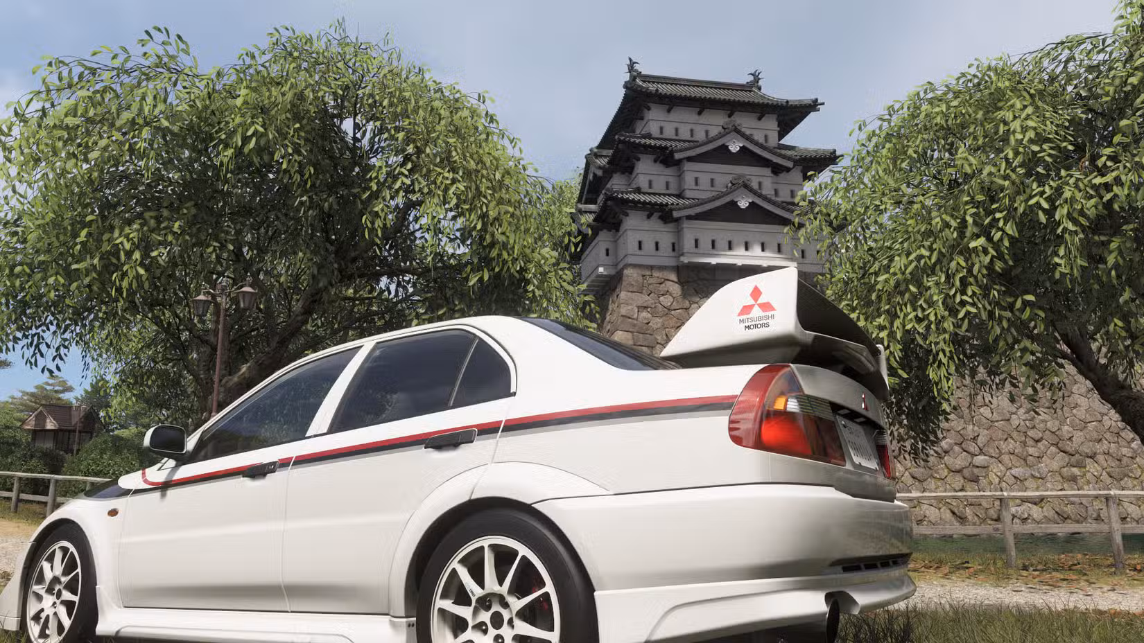 Uma captura de tela do Forza Horizon 6 mostrando um Lancer em frente a um castelo japonês