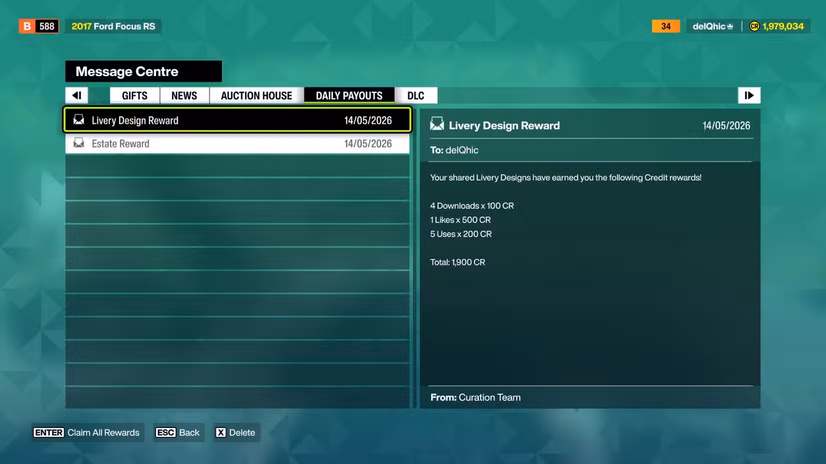 A tela de recompensas quando outros jogadores usam sua pintura no Forza Horizon 6.