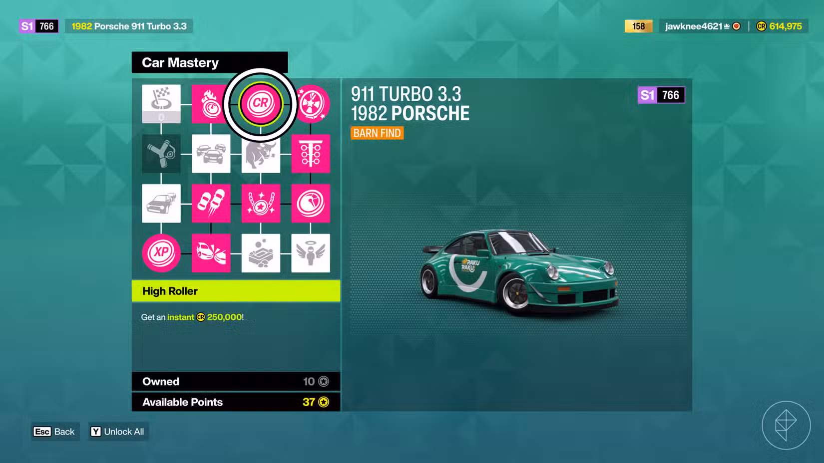 O menu Car Mastery do Porsche 911 Turbo 3.3 1982 com o privilégio High Roller circulado.
