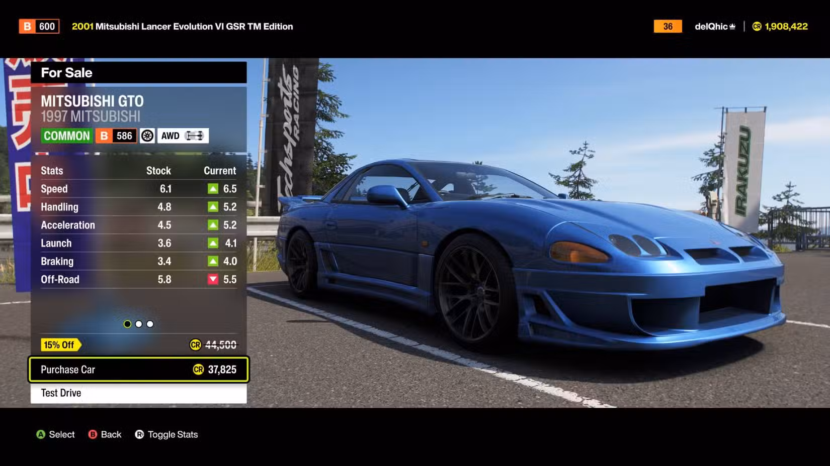 Inspecionando um Mistubishi GTO azul no Forza Horizon 6.