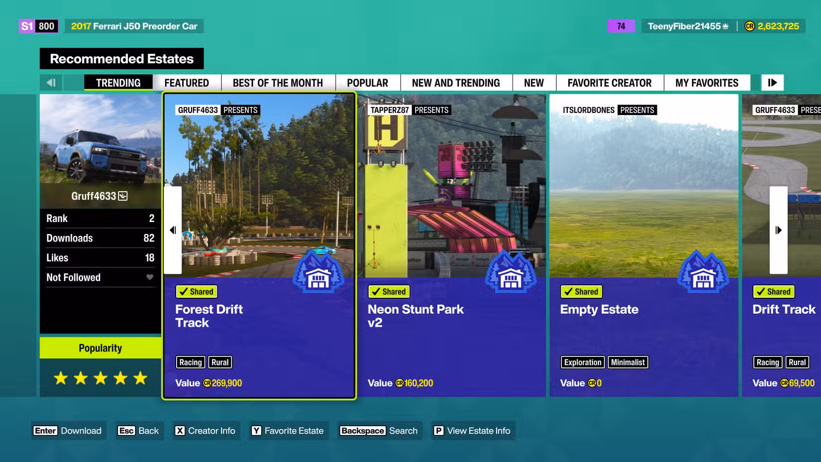 Uma captura de tela do Forza Horizon 6 mostrando os projetos imobiliários