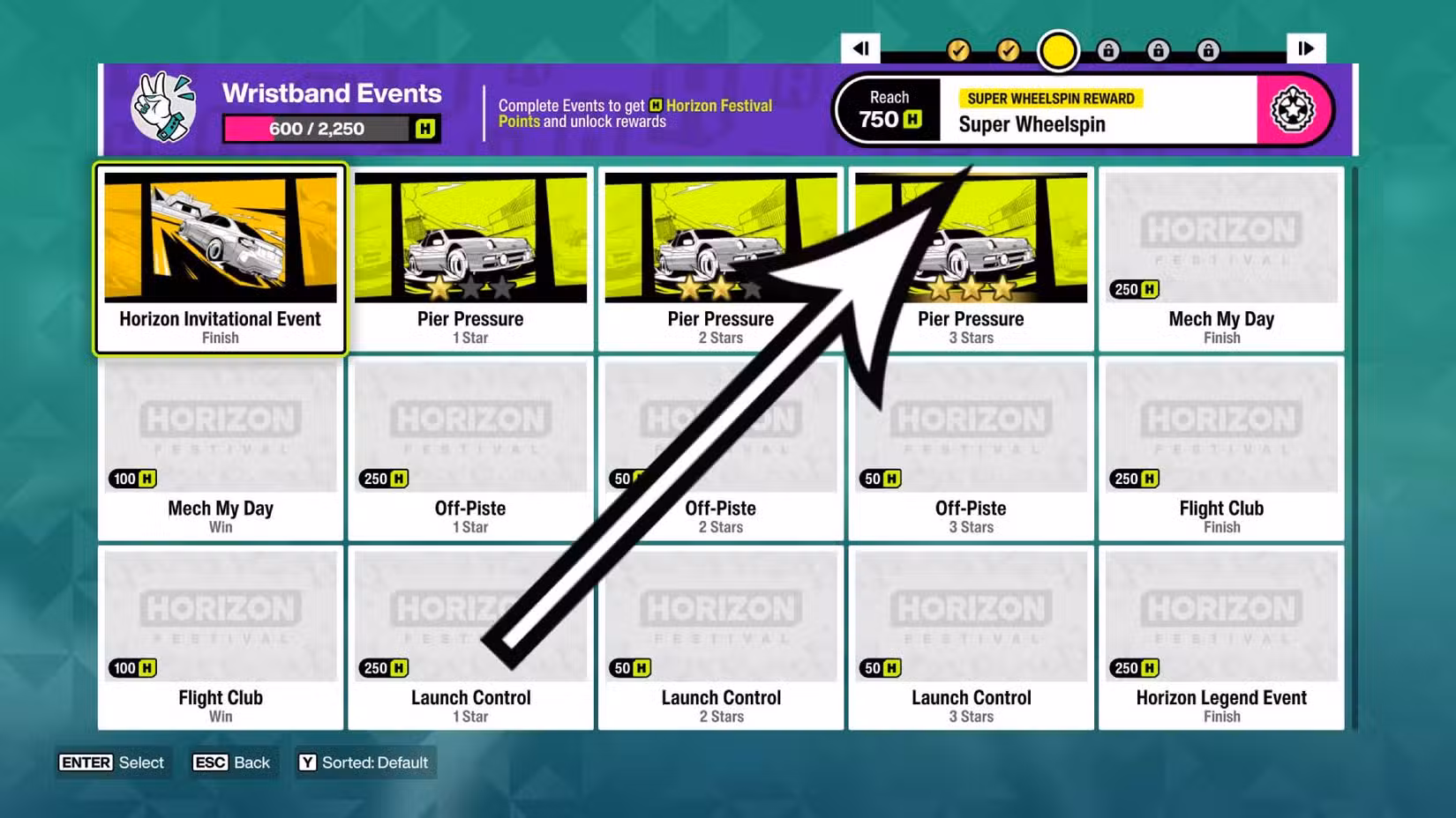 O diário no Forza Horizon 6 com uma seta apontando para a recompensa do super giro.