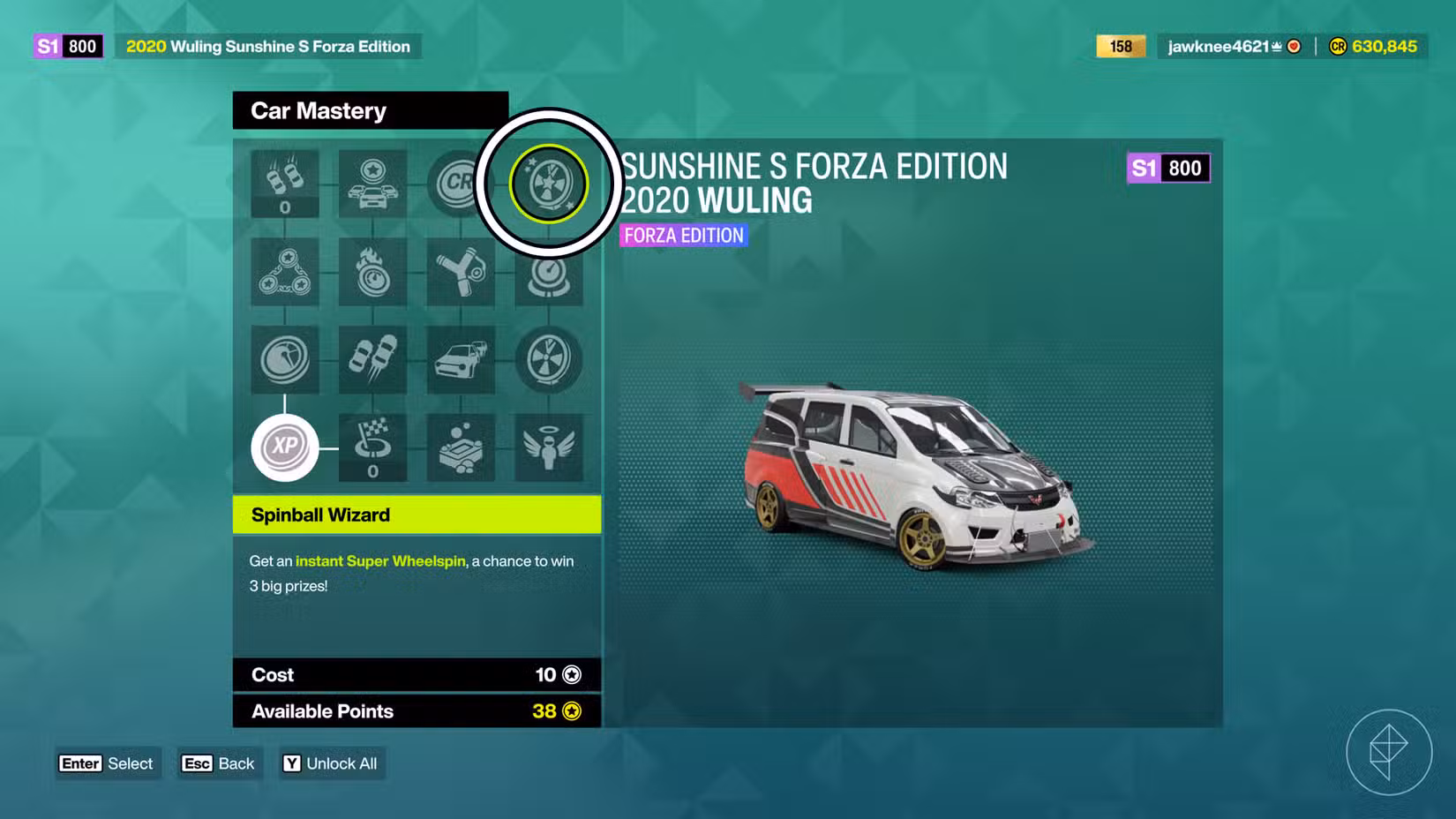 O menu de domínio do carro do Forza Horizon 6 com o privilégio Spinball Wizard circulado.