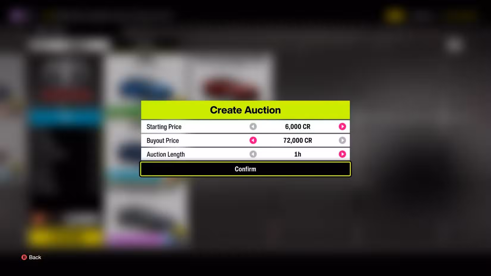 As opções ao criar um leilão no Forza Horizon 6.