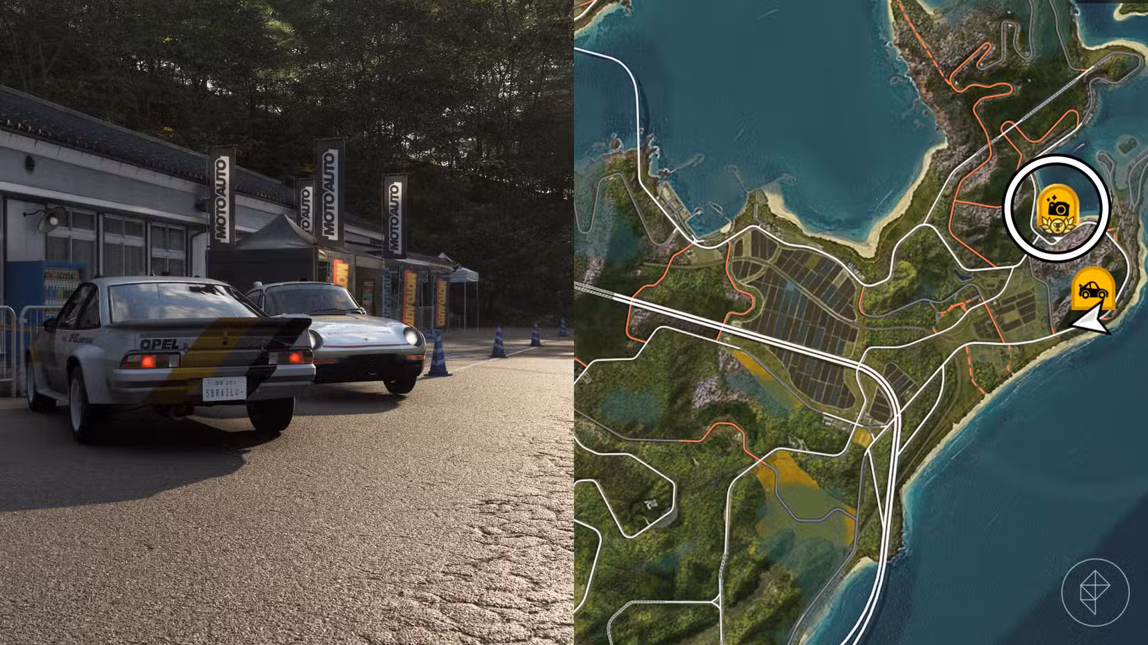 Uma montagem com duas fotos do Forza Horizon 6 mostrando a localização do Moto Auto Zine