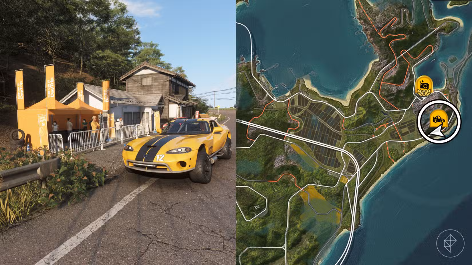 Uma montagem com duas fotos do Forza Horizon 6 mostrando o local da viagem de um dia a Ito