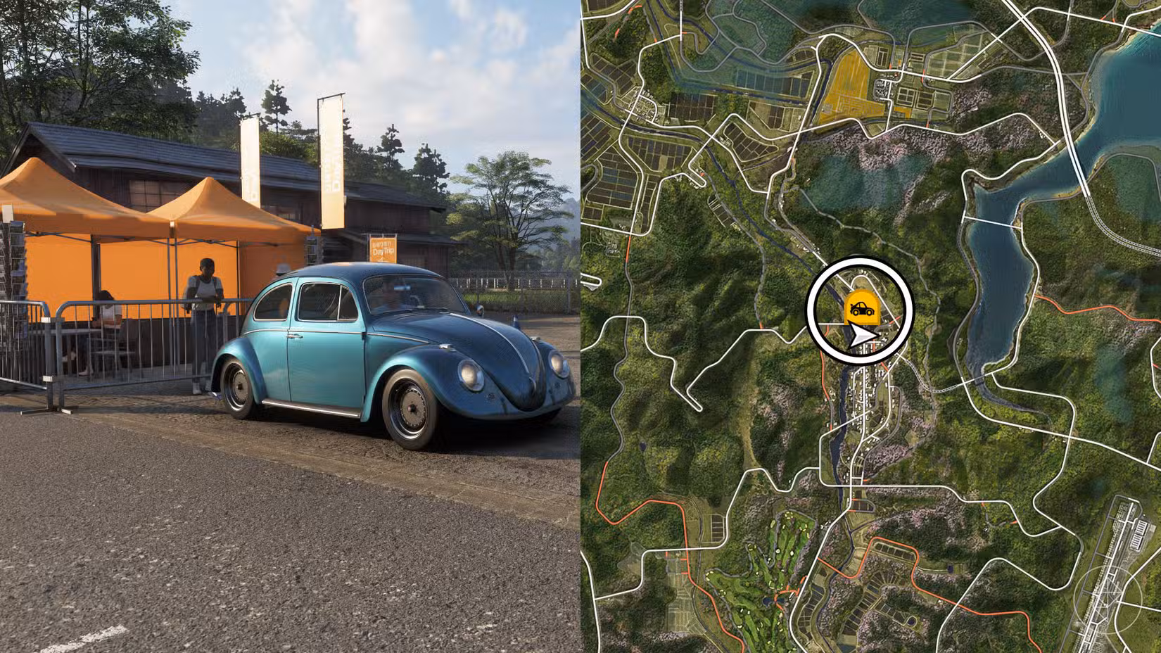 Uma montagem com duas fotos do Forza Horizon 6 mostrando o local da viagem de um dia a Hokubu e Minamino