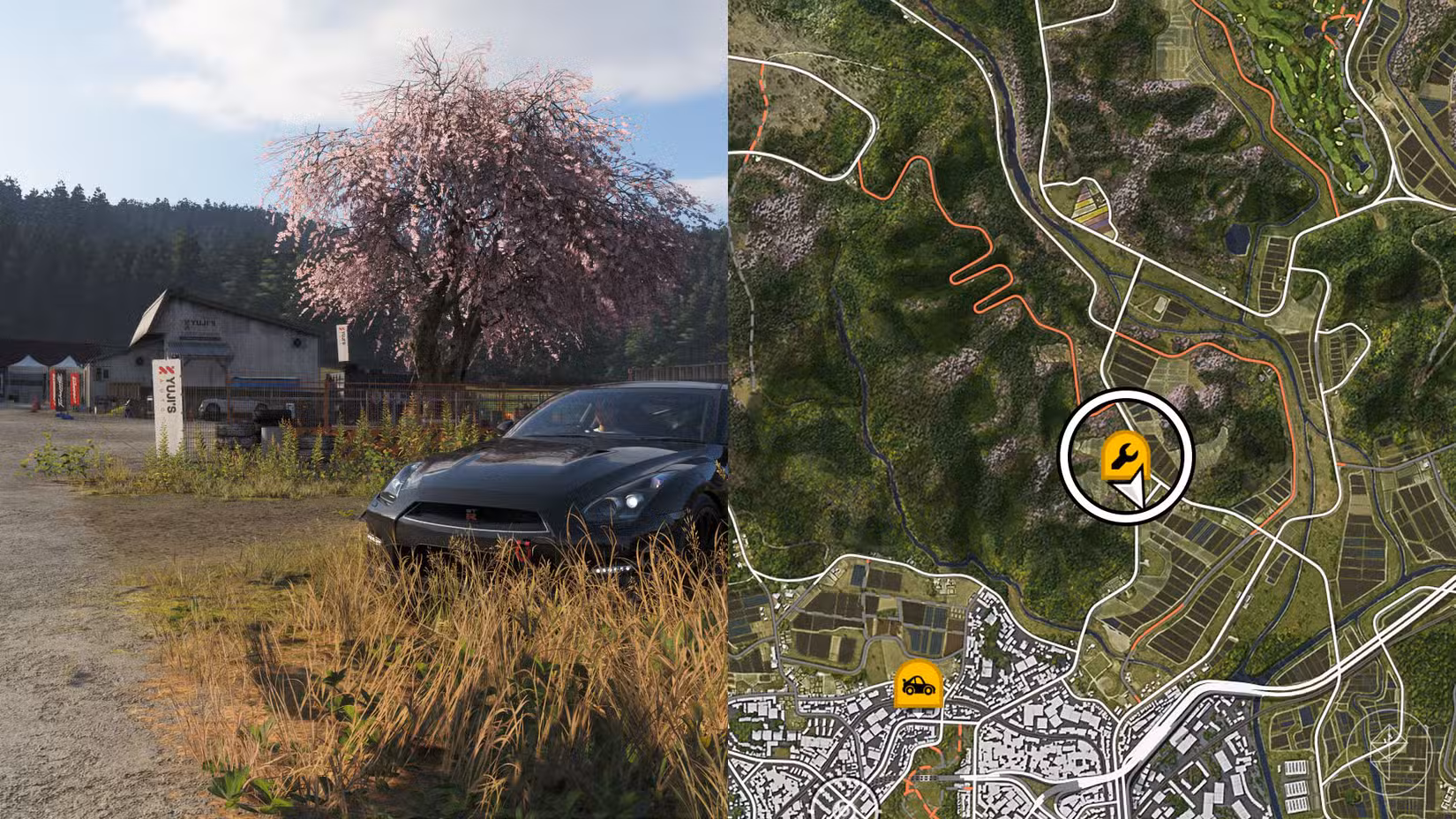 Uma montagem com duas fotos do Forza Horizon 6 mostrando a localização do autor do YUji
