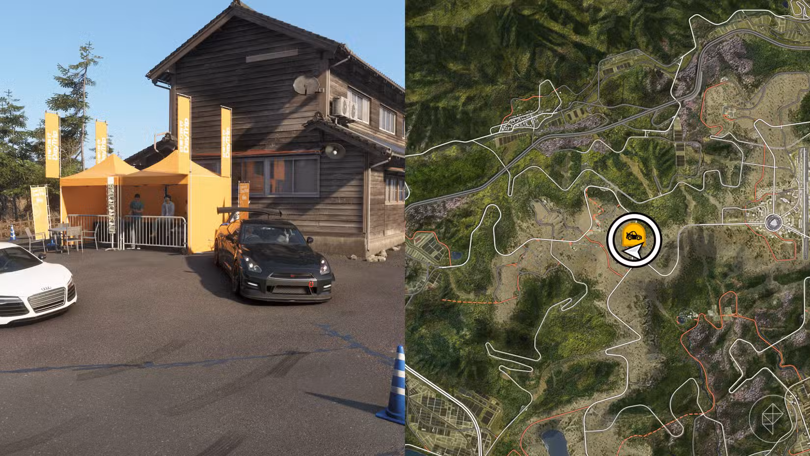 Uma montagem com duas fotos do Forza Horizon 6 mostrando o local da viagem de um dia a Shimanoyama