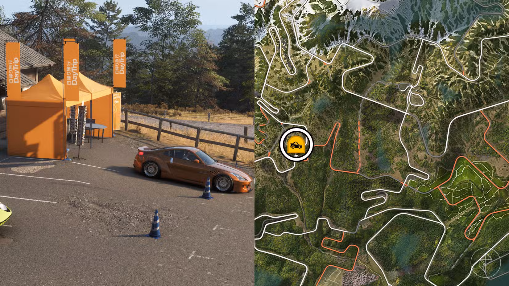 Uma montagem com duas fotos do Forza Horizon 6 mostrando a localização da viagem de um dia para Sotoyama e Takashiro