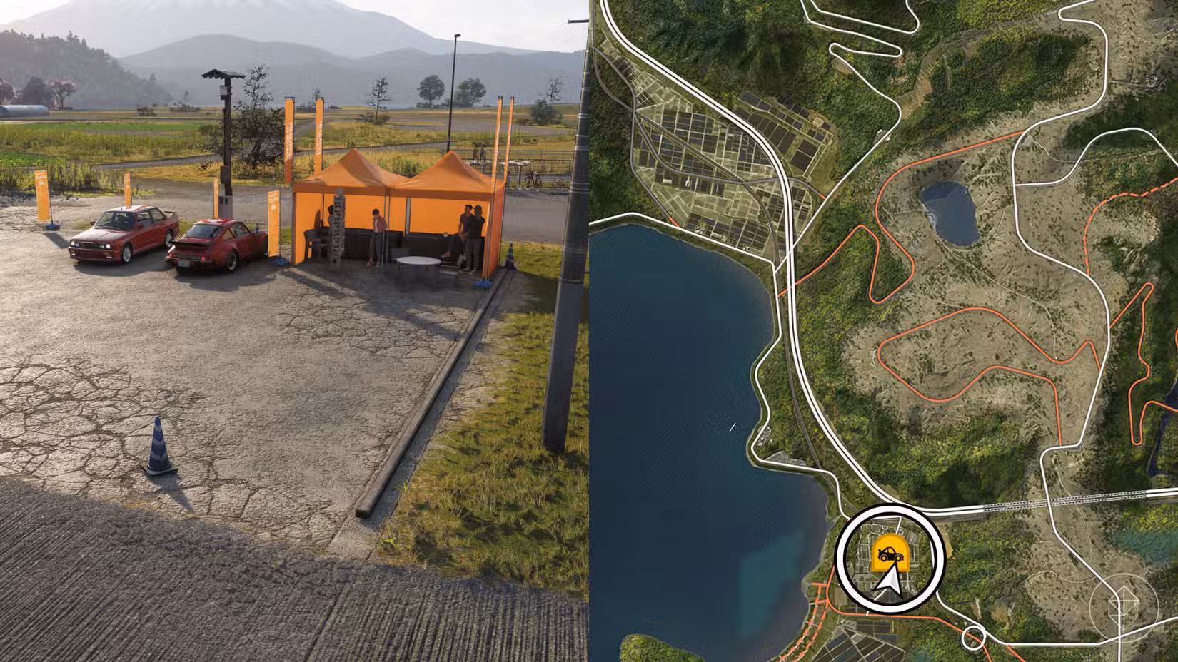 Uma montagem com duas fotos do Forza Horizon 6 mostrando o local da viagem de um dia a Nangan