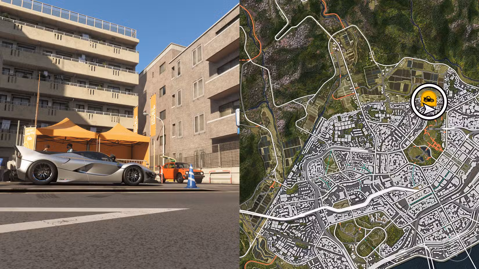 Uma montagem com duas fotos do Forza Horizon 6 mostrando o local da viagem de um dia à cidade de Tóquio