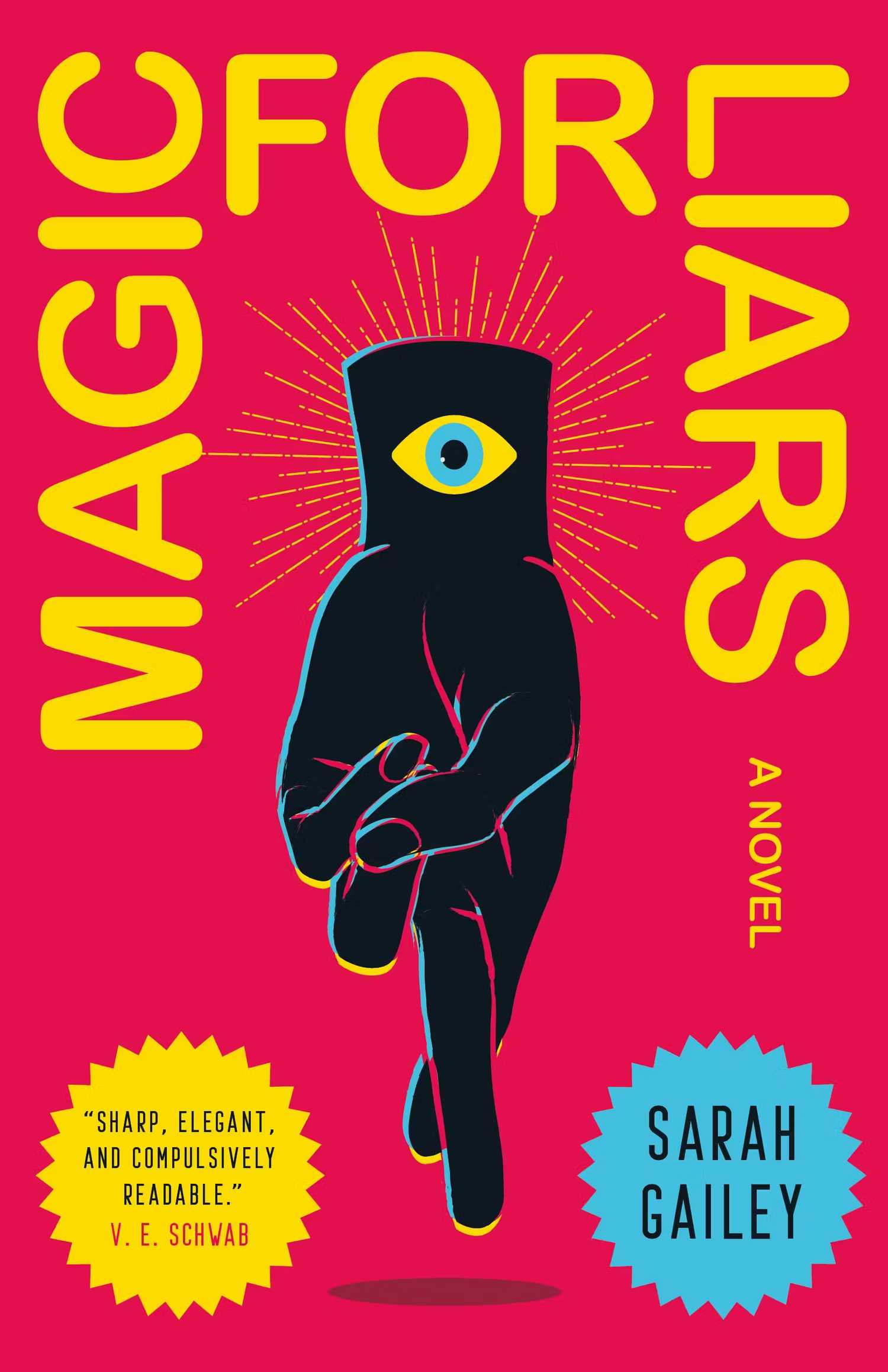 Uma capa de livro vermelha com uma mão de cabeça para baixo. Há um olho no pulso e os dedos estão cruzados. 