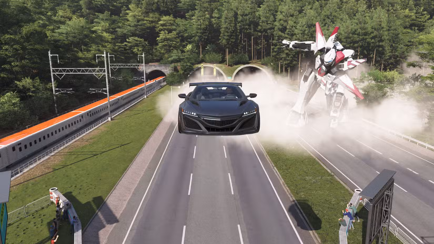 Uma captura de tela do Forza Horizon 6 mostrando uma cena durante o "Mech meu dia" corrida