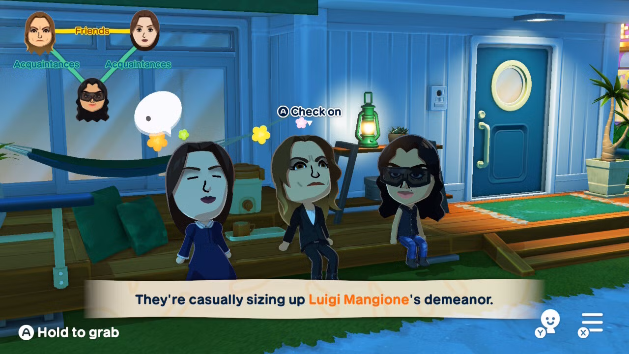 Três Miis sentam-se juntos em Tomodachi Life: Living the Dream.