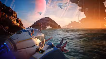Um pioneiro em um girino observando o pôr do sol em Subnautica 2
