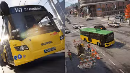 O lado esquerdo da imagem mostra um close de um ônibus do The Bus, enquanto o lado direito mostra uma rua em Bus Bound com um ônibus circulando em obras.