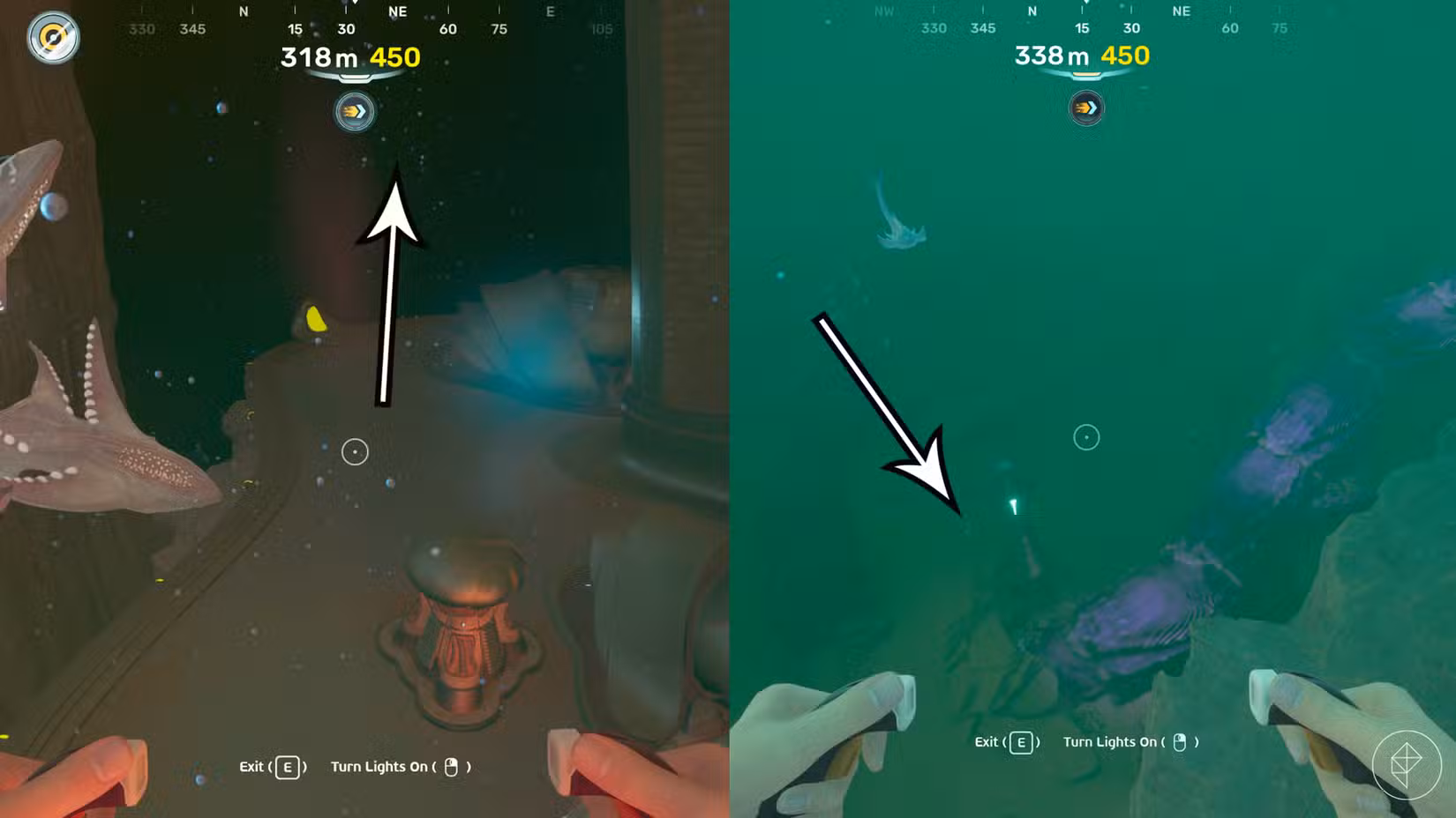 O caminho para um ponto de desova de cristal de conduíte em Subnautica 2.