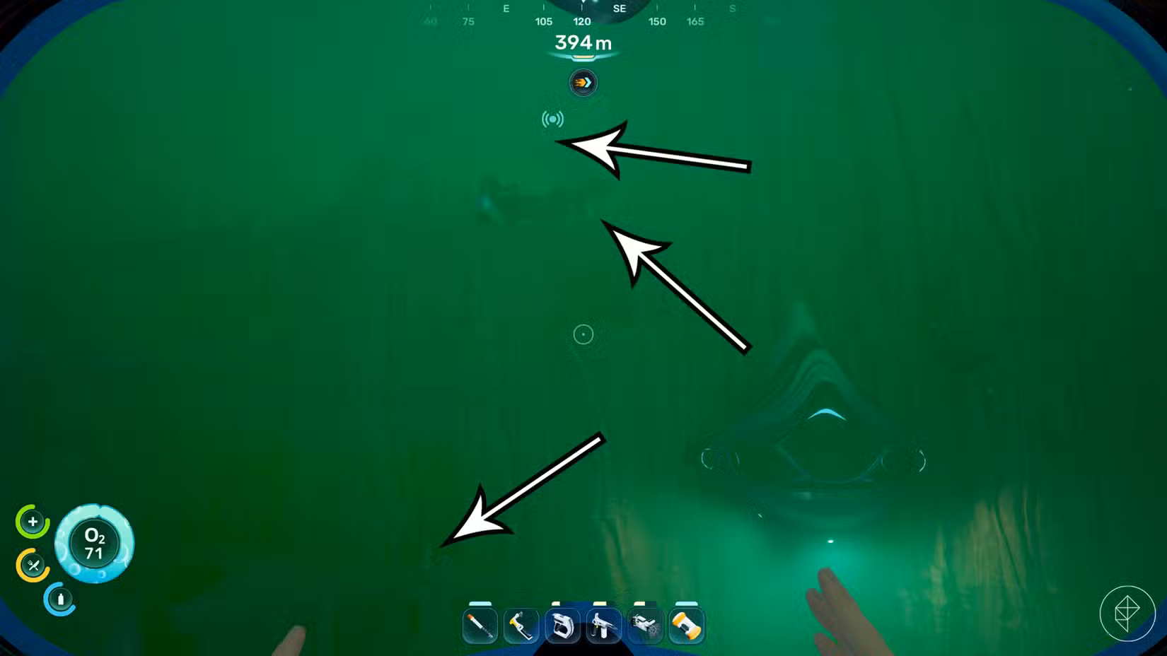 As setas apontam para depósitos de cristal de conduíte em Subnautica 2.