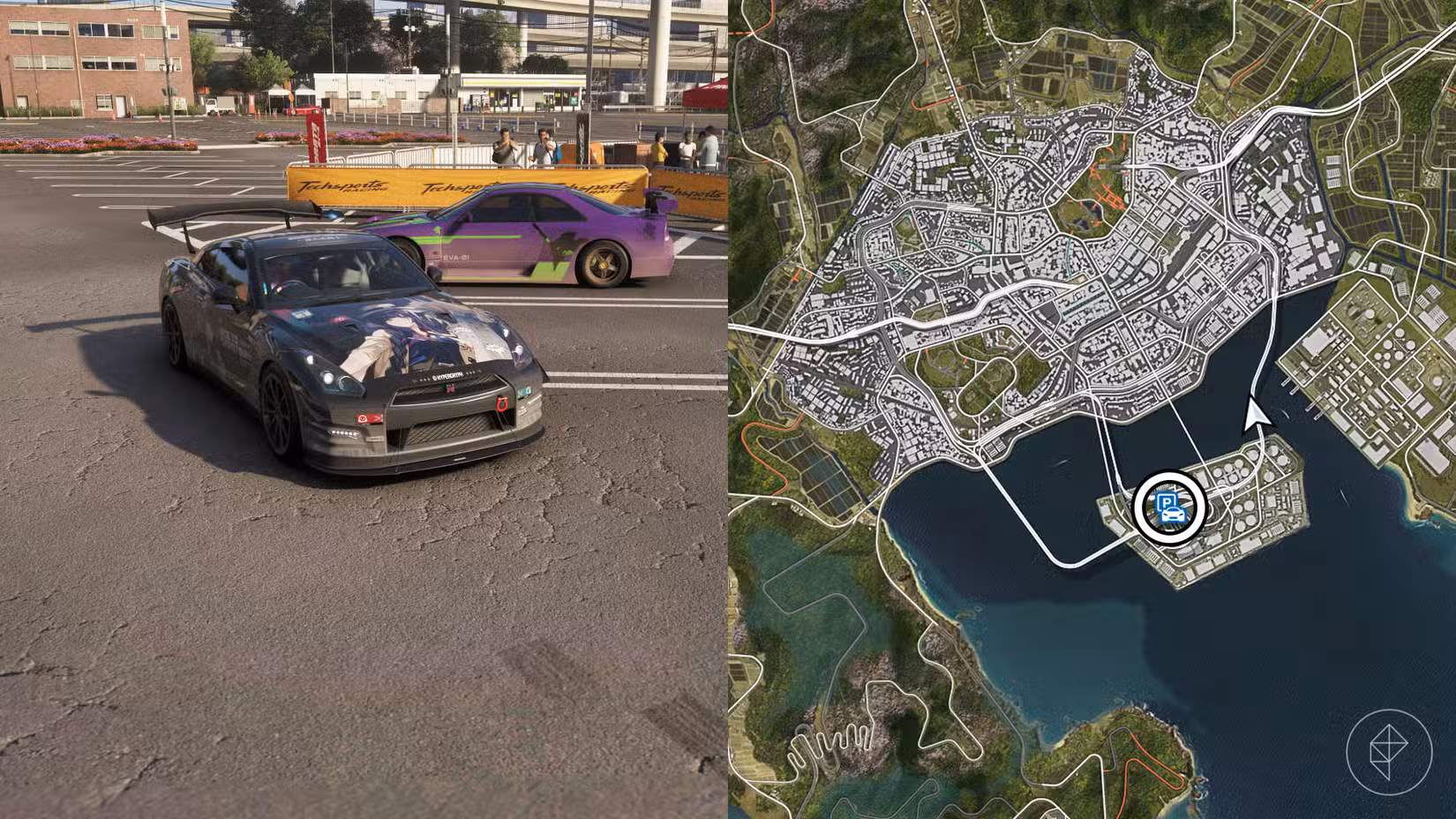 Uma montagem com duas fotos do Forza Horizon 6 mostrando a localização do estacionamento da cidade de Tóquio
