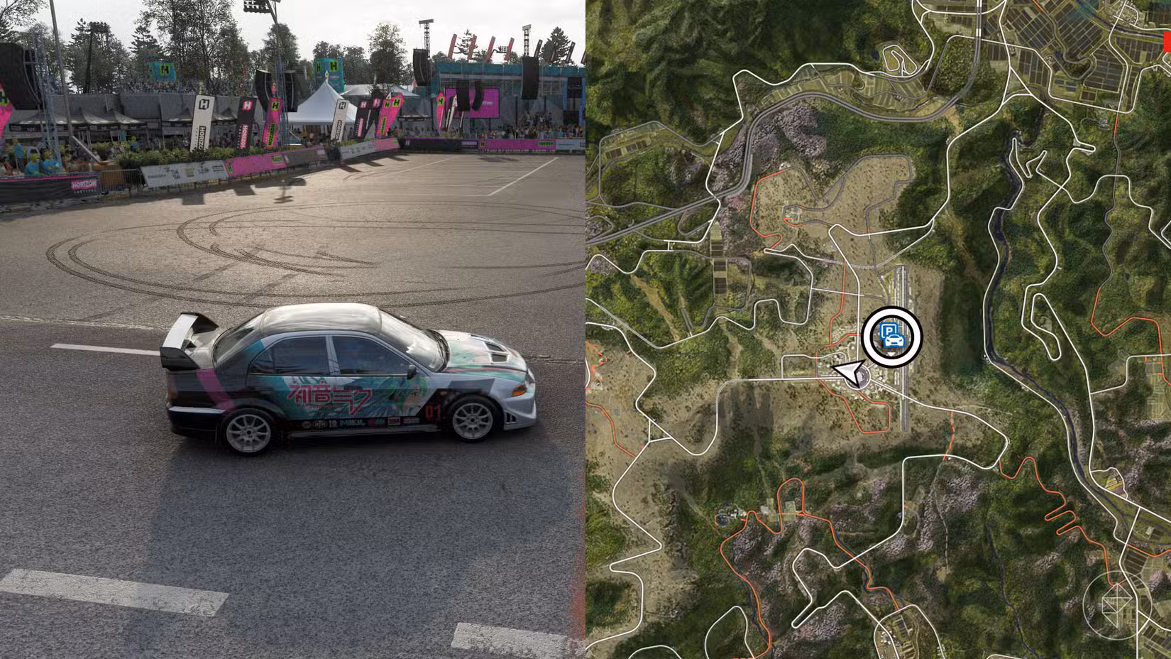 Uma montagem com duas fotos do Forza Horizon 6 mostrando a localização do estacionamento Ohtani 