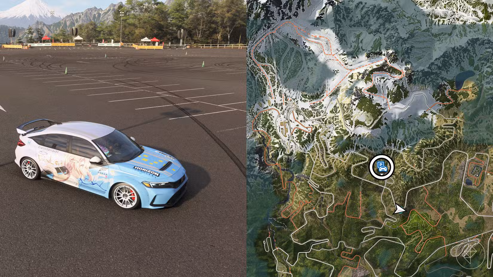 Uma montagem com duas fotos do Forza Horizon 6 mostrando a localização do estacionamento Takashiro
