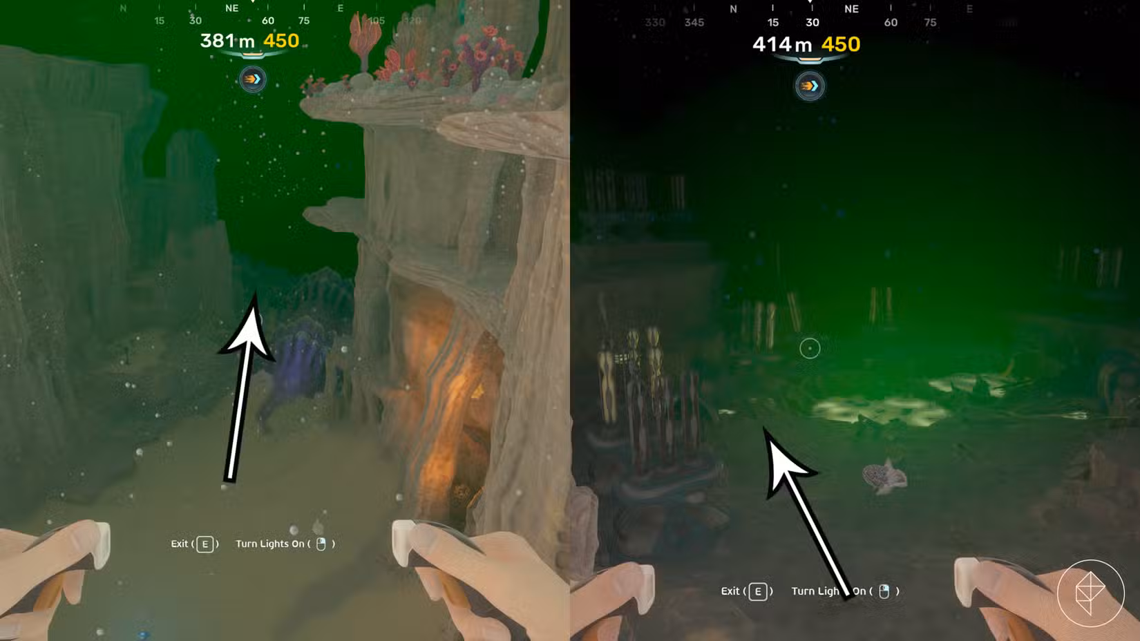 O caminho do anjo Comb até o campo de metal amarelo em Subnautica 2.
