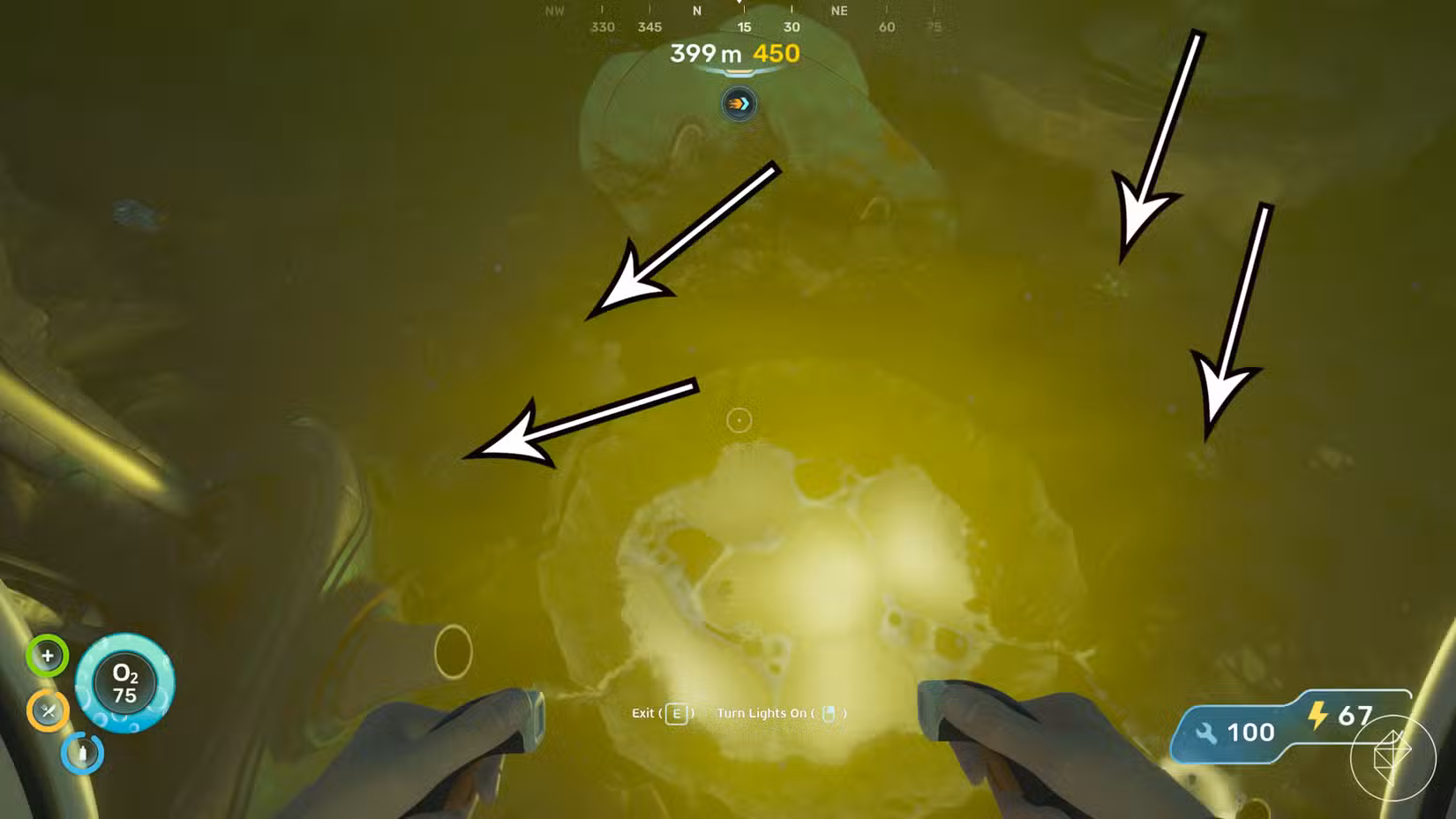As setas apontam para quatro locais de troilite em Subnautica 2.