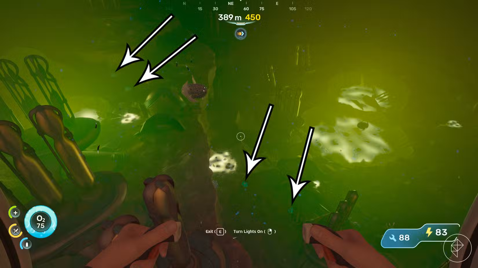 Quatro pedaços de troilite em Subnautica 2.