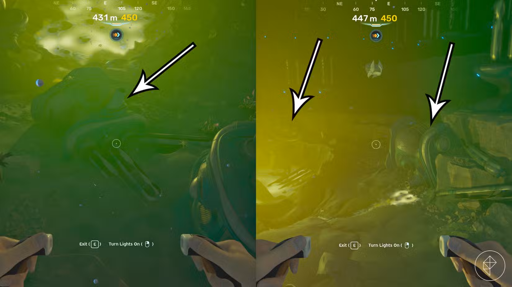 Três locais que podem ser escaneados para obter o projeto da fazenda de metal em Subnautica 2.