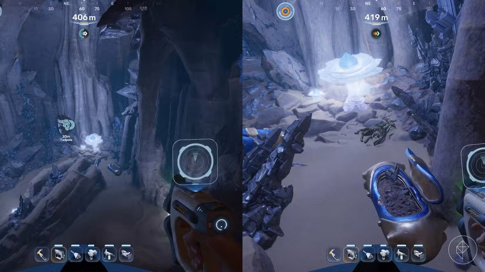Um ressonador de feedback em uma caverna prateada em Subnautica 2