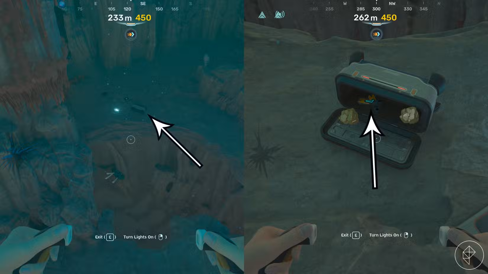 Um local de varredura de projeto de barbatanas aprimorado próximo às Ruínas Alienígenas em Subnautica 2.
