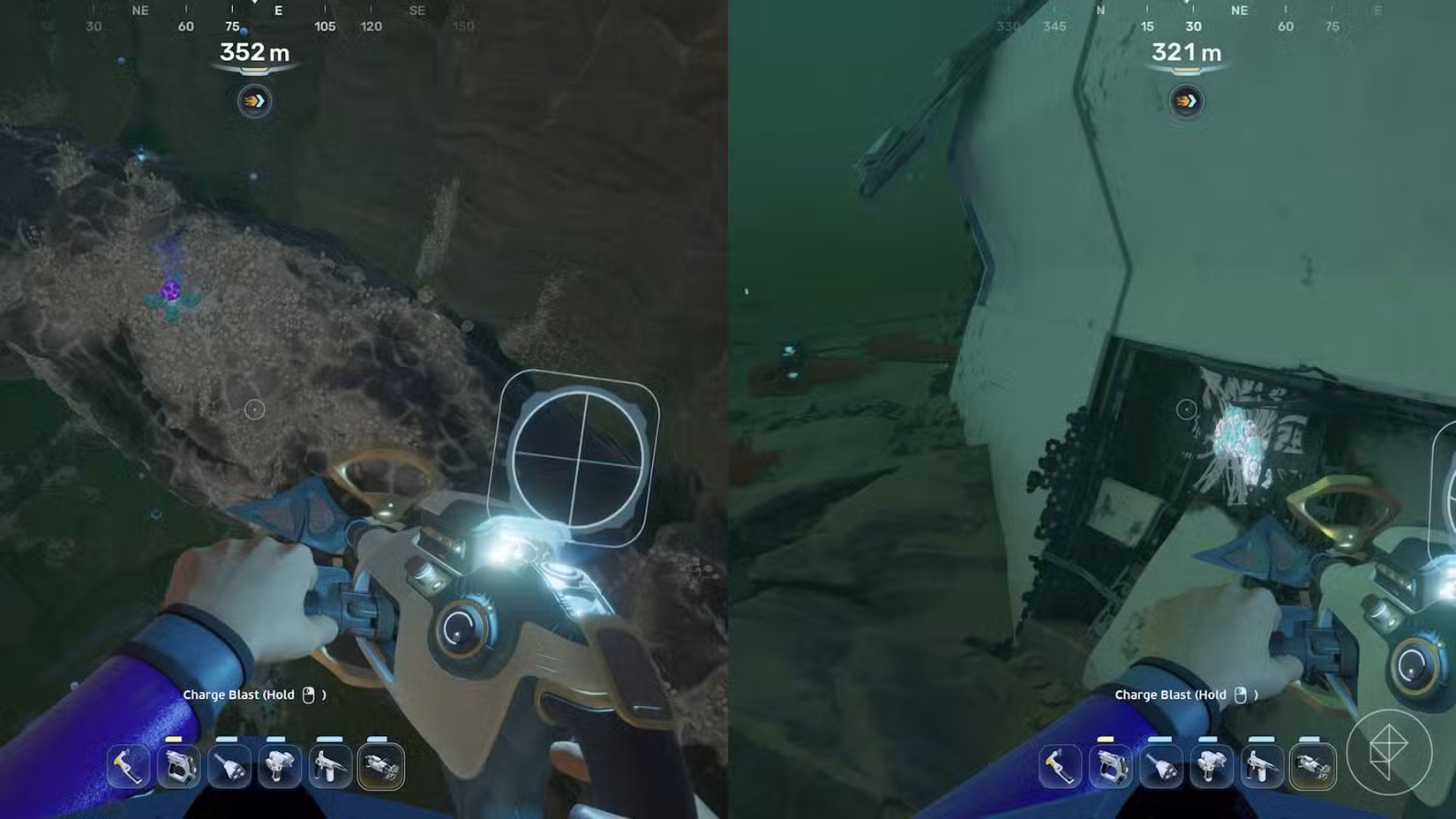 A entrada dos destroços do Cicada bloqueando um Angel Comb juvenil em Subnautica 2