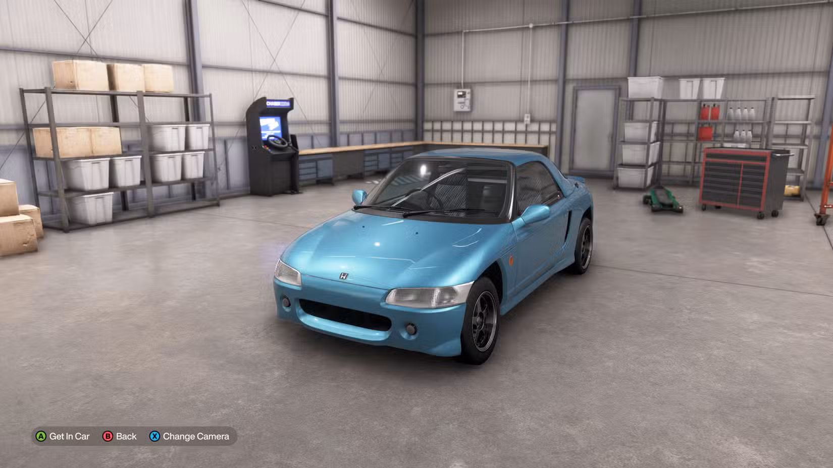 O Honda Beat 1991, um carro esportivo azul, parado em uma garagem no Forza Horizon 6.