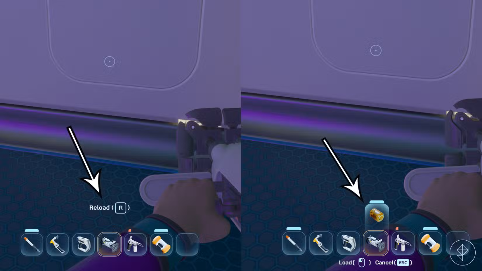 Um jogador recarrega as baterias de suas ferramentas em Subnautica 2.