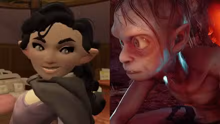 À esquerda, uma mulher Hobbit de Tales of the Shire sorri. À direita, Gollum (do jogo Gollum de 2023) está sentado curvado, parecendo paranóico enquanto olha para algo fora da tela.