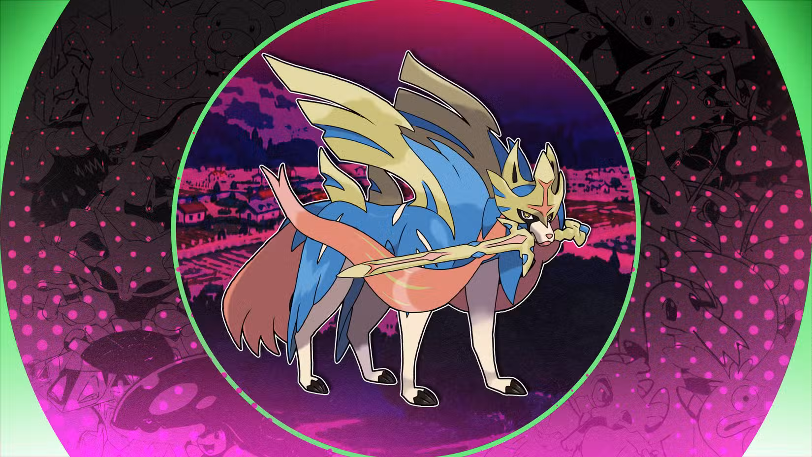 Zacian contra um fundo rosa