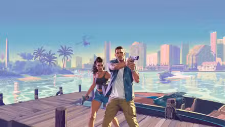 Arte para GTA 6, apresentando os protagonistas Jason e Lucia segurando armas enquanto estão em uma doca de Vice City