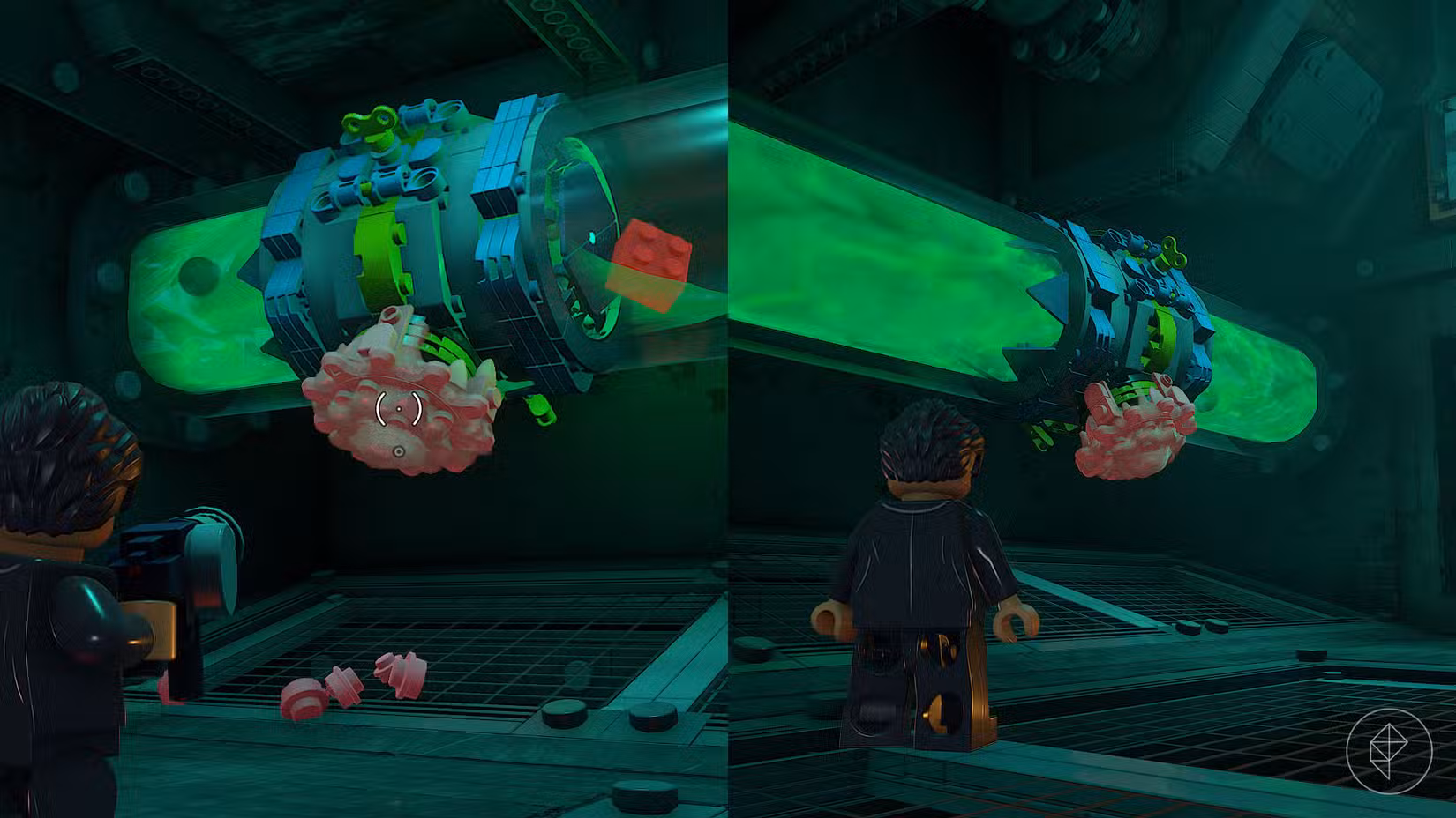 Uma montagem com capturas de tela de Lego Batman: Legacy of the Dark Knight mostrando dois canos com líquido verde