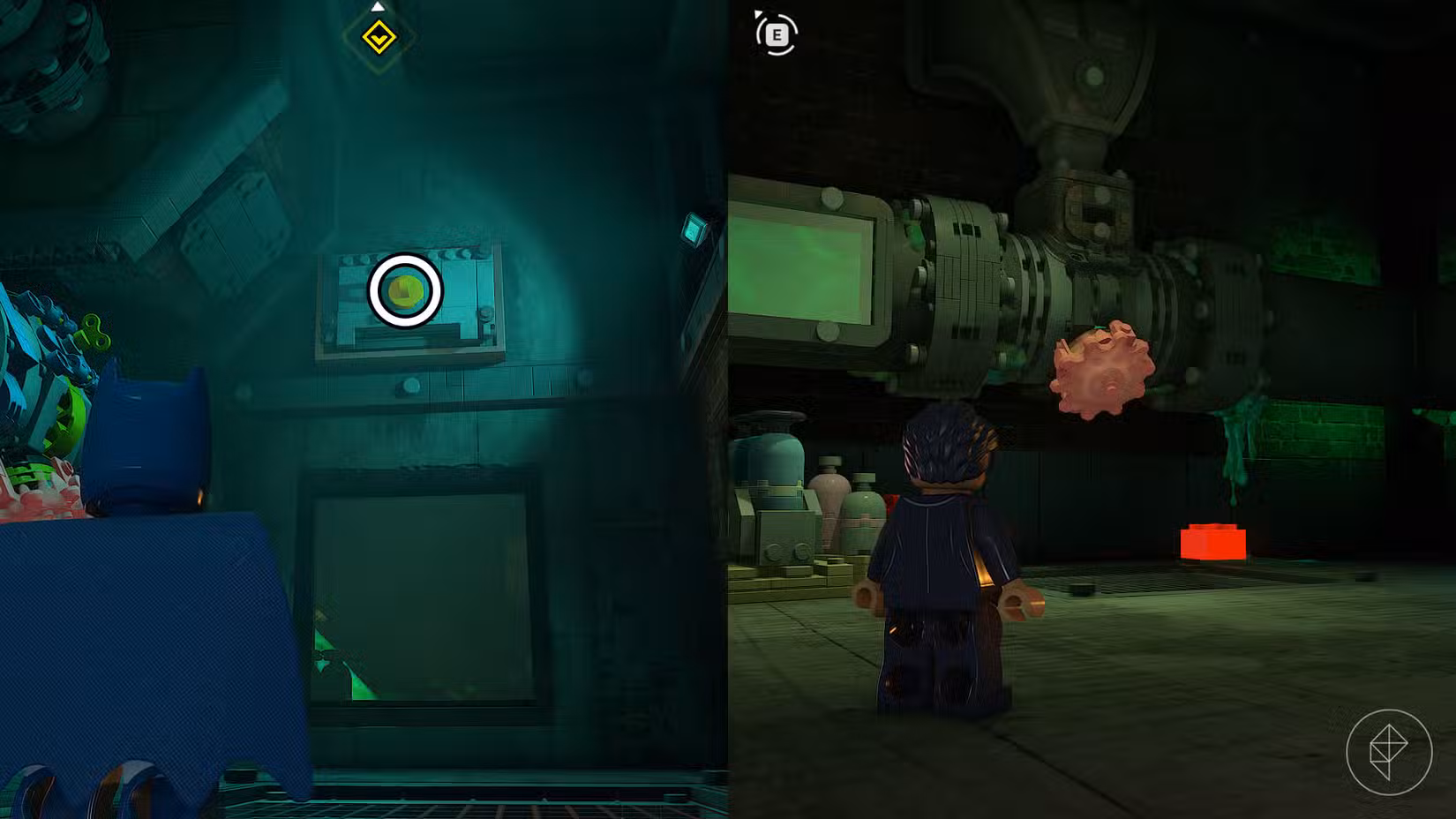 Uma montagem com capturas de tela de Lego Batman: Legacy of the Dark Knight mostrando como sair da sala dos canos e onde encontrar o tijolo vermelho