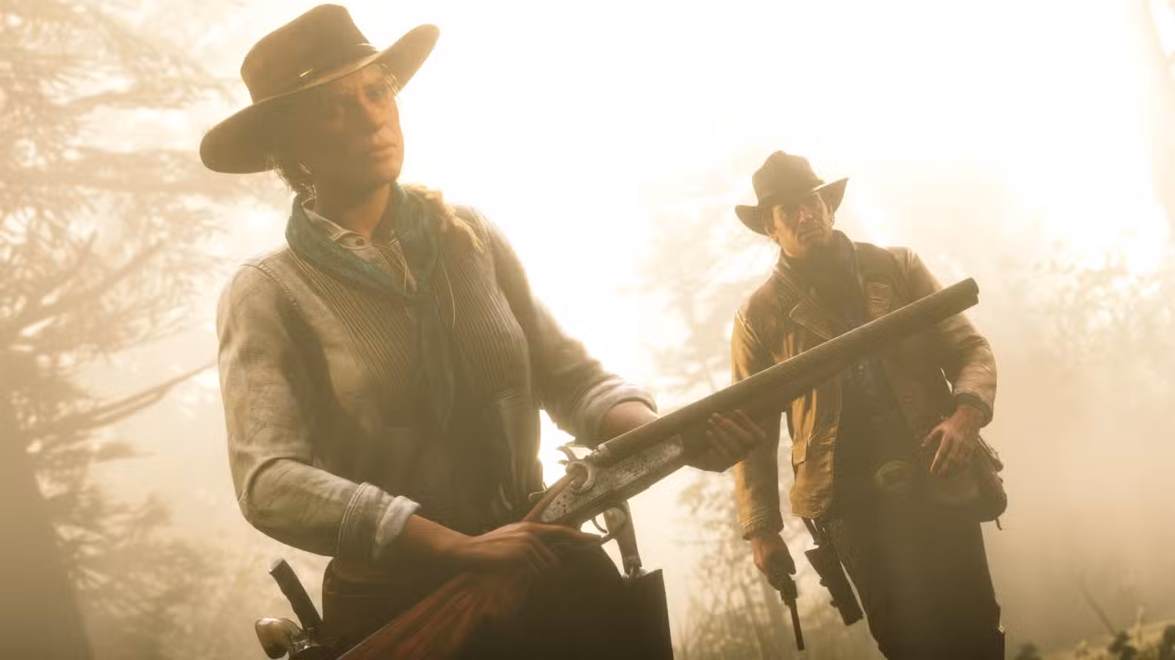uma mulher e um homem, ambos usando chapéus de cowboy e segurando armas, em Red Dead Redemption 2