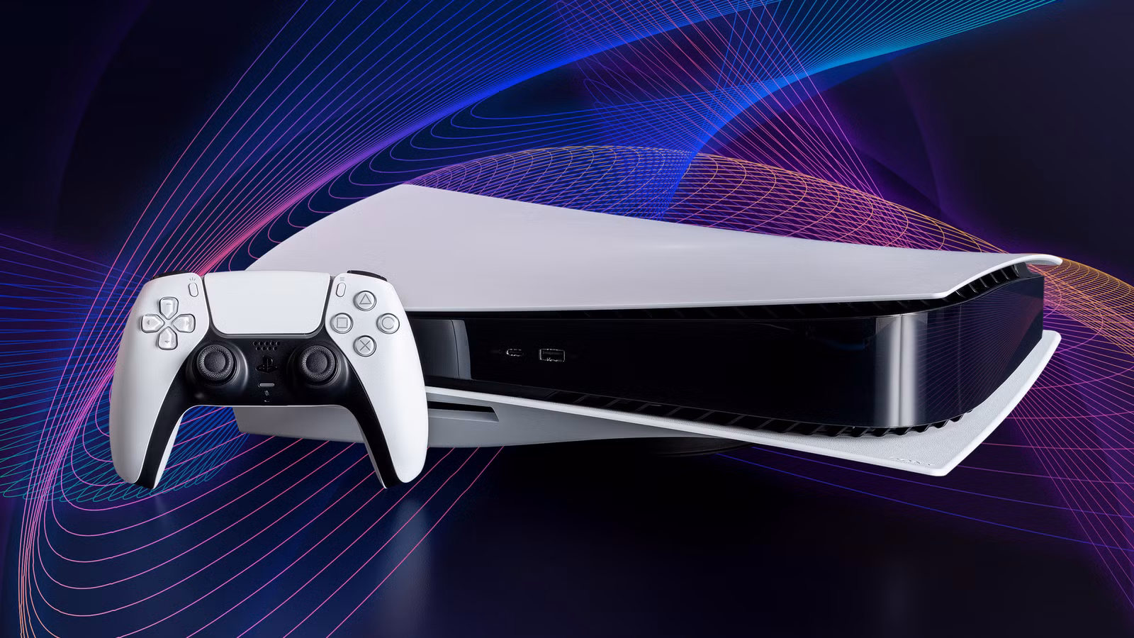 Uma foto de um console PlayStation 5 com um gráfico de ondas coloridas atrás dele.