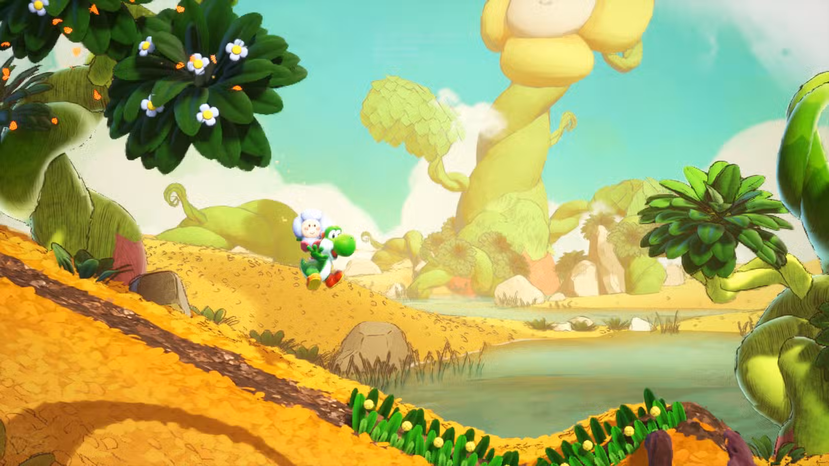 Yoshi salta com uma flor nas costas em Yoshi and the Mysterious Book.